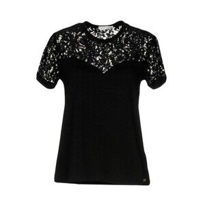 RELISH Women's Black T-Shirt Sz XL Lace Panel Round Neck Blouse Made in Italy